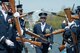 Tech. Sgt. Brian Kocher, a member of the U.S. Air Force Honor Guard Drill Team, walks through a double row of spinning rifles and bayonets during the Joint Service Drill Team Exhibition April 8, 2017, at the Jefferson Memorial in Washington, D.C. Drill teams from all four branches of the armed forces and the Coast Guard competed in a display of skills celebrating U.S. military heritage at the National Cherry Blossom Festival. (U.S. Air National Guard Photo/Staff Sgt. Christopher S. Muncy)
