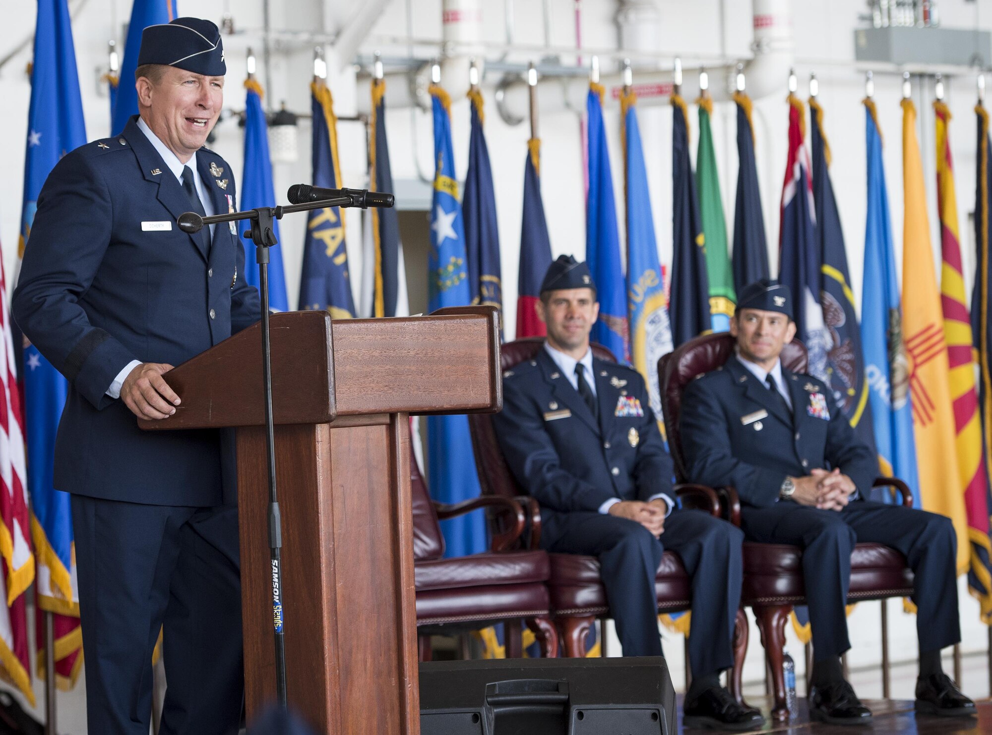 Brig. Gen. Patrick Doherty, 19th Air Force commander, speaks to the audience during the 33rd Fighter Wing’s change of command ceremony at Eglin Air Force Base, Fla., April 13.  Col. Lance Pilch relinquished command of the training wing to Col. Paul Moga.  (U.S. Air Force photo/Samuel King Jr.)