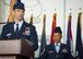 Col. Paul Moga speaks to the crowd and his Airmen after taking command of the 33rd Fighter Wing during a ceremony at Eglin Air Force Base, Fla., April 13.  Col. Lance Pilch relinquished command of the training wing to Moga.  (U.S. Air Force photo/Samuel King Jr.)