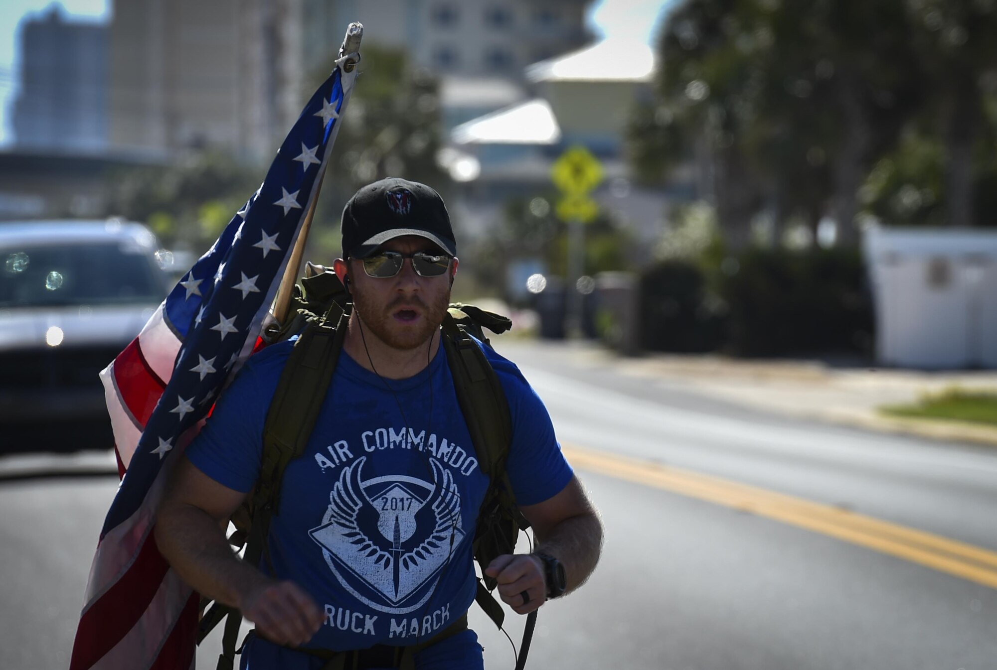 Tech. Sgt. Doug Iredale, a special missions aviator with the 4th Special Operations Squadron, marches in the 6th Annual Air Commando Ruck March at Panama City Beach, Fla., April 13, 2017. This year’s ruck march is dedicated to the Air Commandos assigned to the 27th Special Operations Wing at Cannon Air Force Base, New Mexico, who perished March 14 in a U-28 crash. (U.S. Air Force photo by Airman 1st Class Joseph Pick)