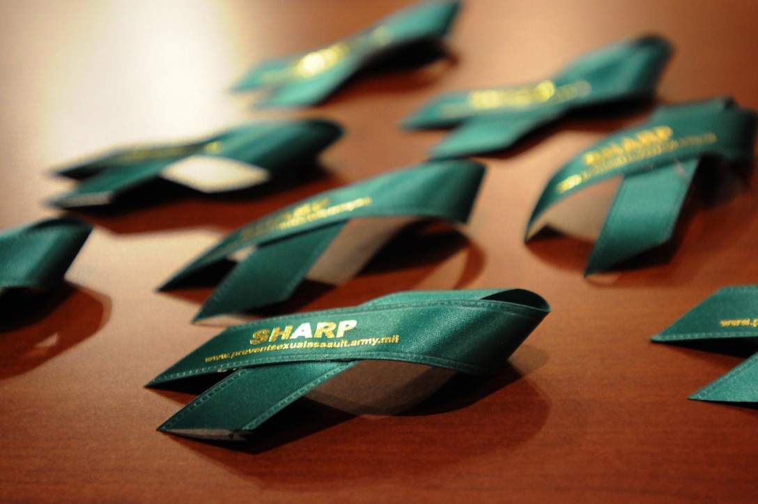 Ribbons such as these were handed out during the 1in6 presentation in honor of Sexual Assault Awareness and Prevention Month (SAAPM) at the 88th Regional Support Command's headquarters in Fort McCoy, Wisconsin, April 13. 1in6 was founded to help bring awareness and healing to the one in six men in the United States who have had an unwanted or sexually abusive experience before the age of 18.