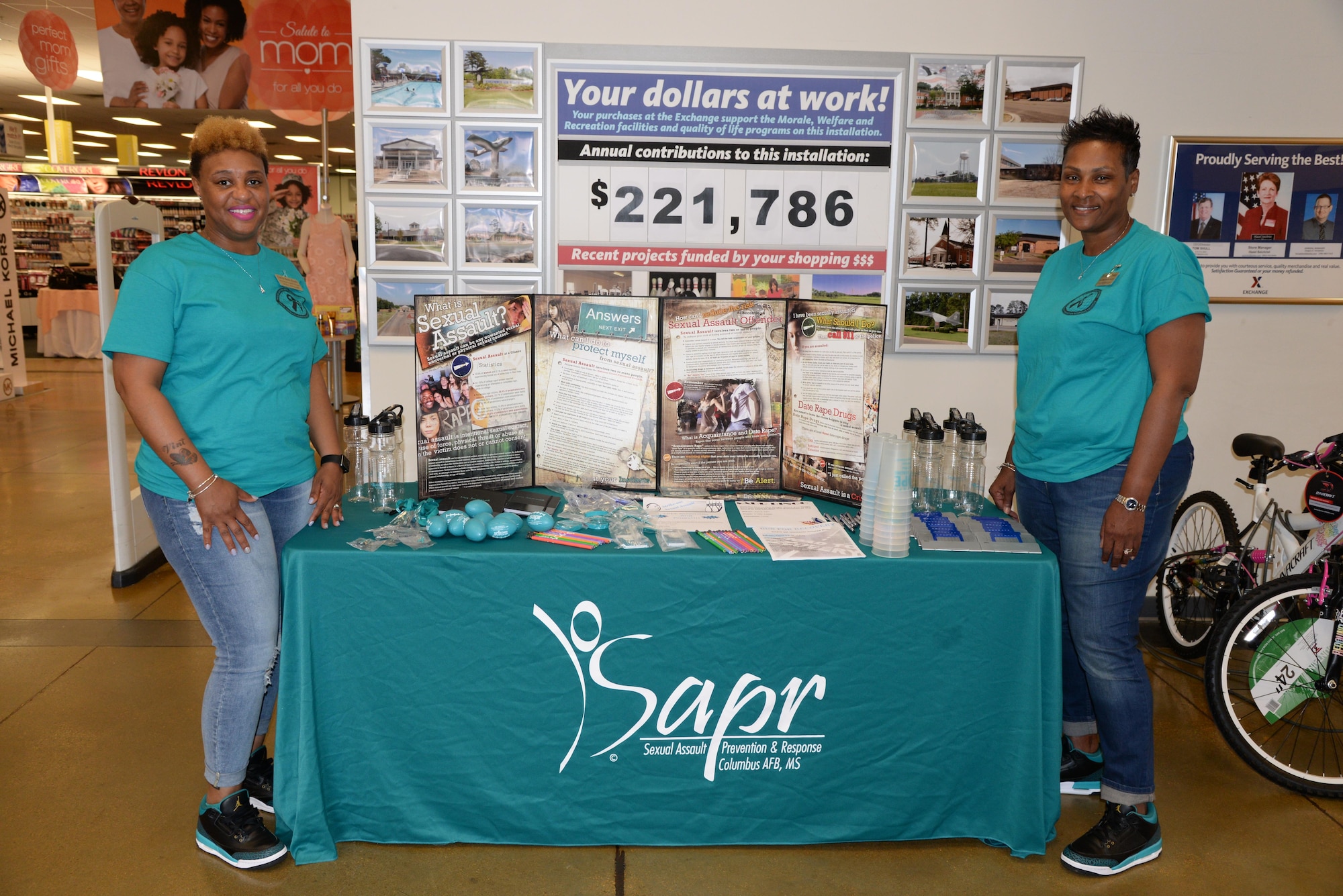 Carla Neal-Bush, Sexual Assault Prevention and Response Victim Advocate, and Dr. Marcia Stewart, SAPR Program Manager, raise awareness of sexual assault by setting up a booth April 12, 2017, Columbus Air Force Base, Mississippi. April is Sexual Assault Awareness Month and the Columbus
SAPR office is sponsoring numerous events throughout the month.(U.S. Air Force photo by Airman 1st Class Beaux Hebert)