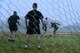 U.S. Soldiers assigned to the 4th Battlefield Coordination Detachment play gatorball during group physical fitness training at Shaw Air Force Base, S.C., April 14, 2017. Gatorball, a sport invented in Florida, combines the rules of soccer, basketball and touch football. (U.S. Air Force photo by Airman 1st Class Kathryn R.C. Reaves)