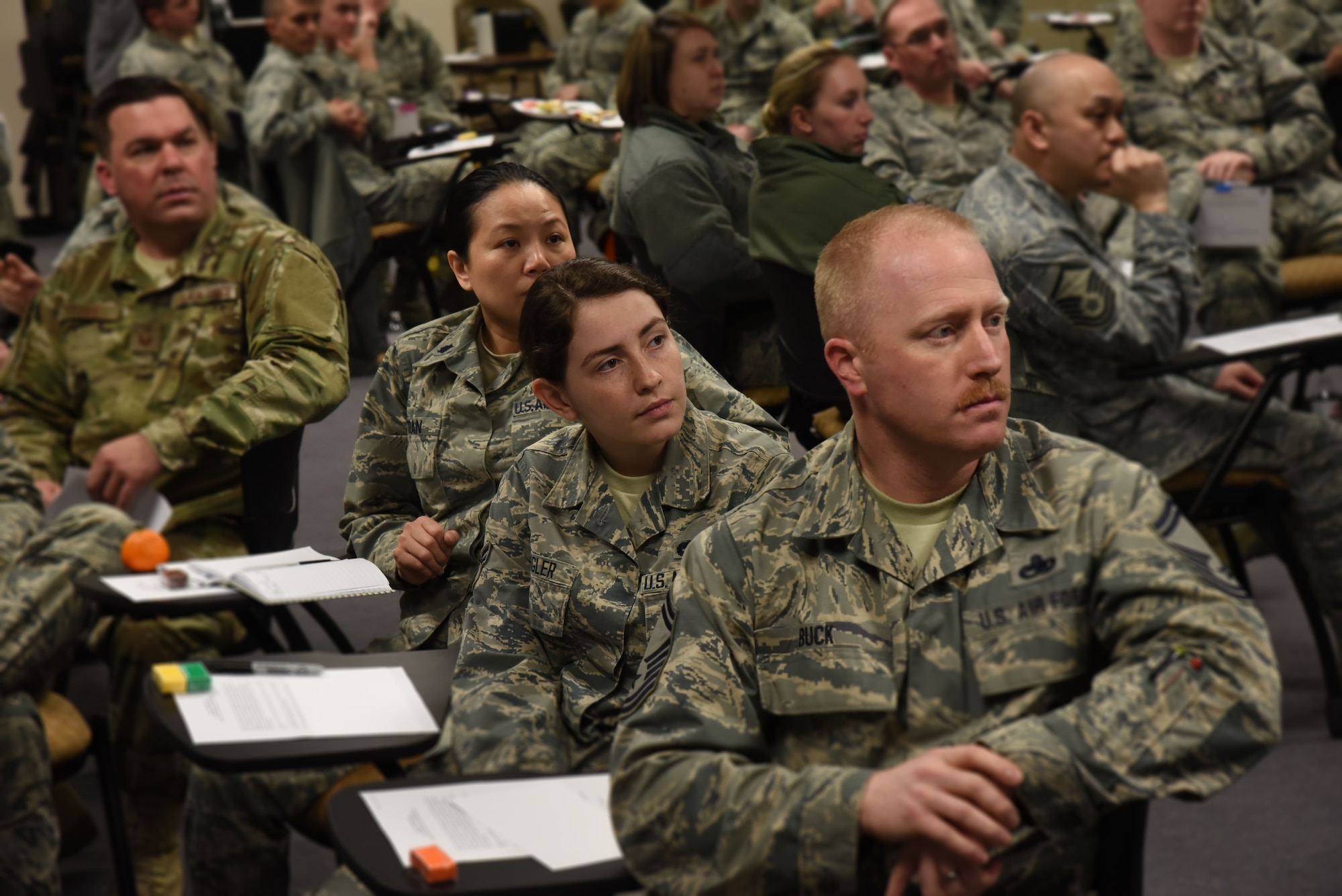 Members of the 142nd Fighter Wing, Oregon Air National Guard, take part in a focus group orchestrated by the Air Force Chief of Staff to help give feedback on various areas to promote best practices and identify improvements, Portland Air National Guard Base, Ore. April 1, 2017. (U.S. Air National Guard photo by Tech. Sgt. Aaron Perkins, 142nd Fighter Wing Public Affairs)