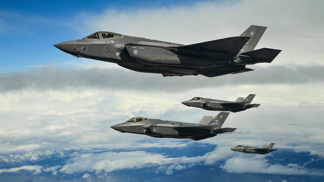 F-35A Lightning II fighter jets from the 388th Fighter Wing at Hill Air Force Base, Utah, fly in formation over the Utah Test and Training Range, March 30, 2017. Pentagon officials announced April 14, 2017, that the Air Force is deploying a small number of F-35A fighters to Europe for training. (U.S. Air Force photo/R. Nial Bradshaw)
