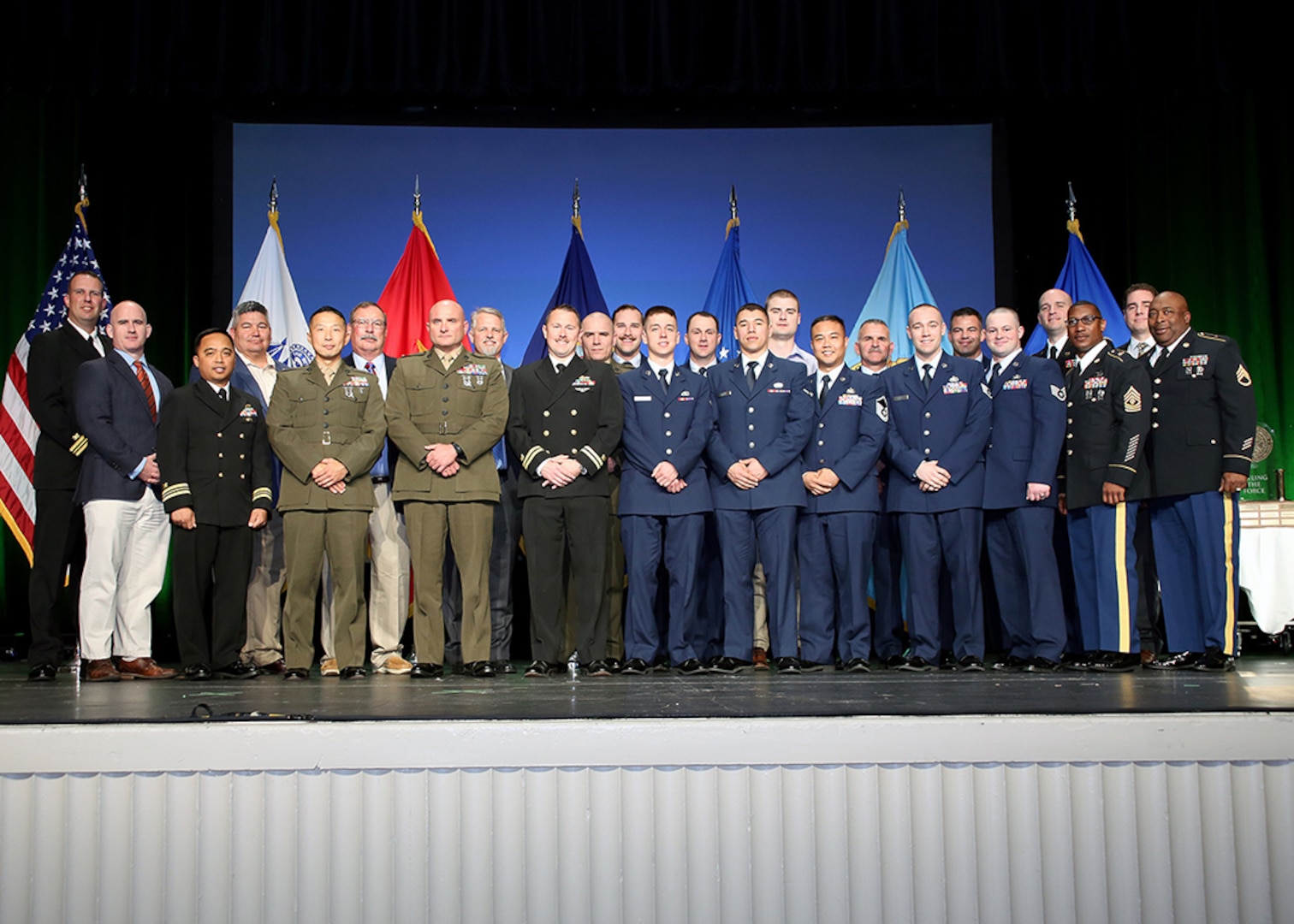Winners of the 2017 Department of Defense Fuels Awards pose for a group photo following the awards ceremony April 11 at the Defense Logistics Agency Energy Worldwide Energy Conference at the Gaylord National Hotel and Conference Center in National Harbor, Maryland. The awards recognized individual and unit excellence in fuels management and handling. 