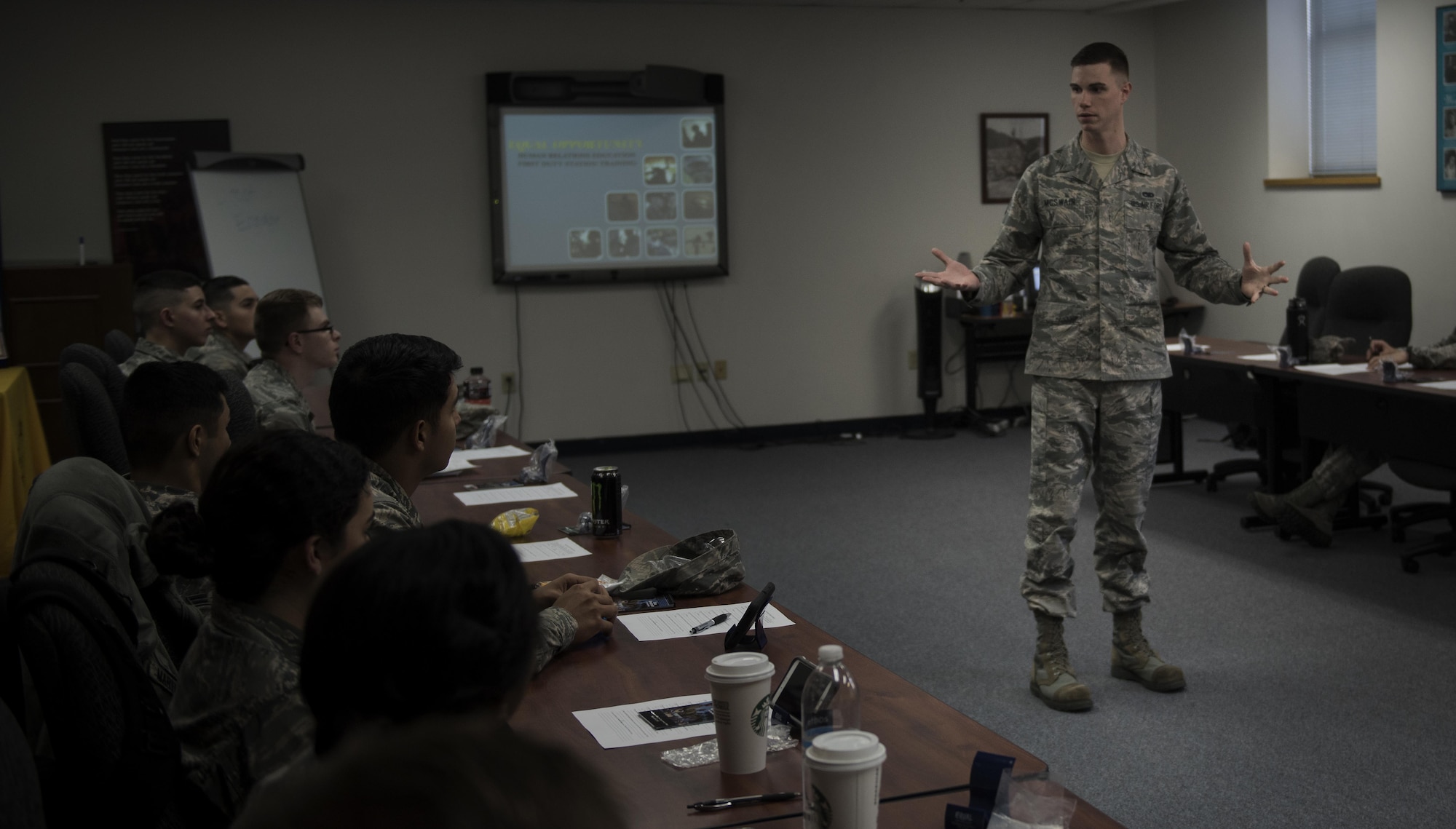 Staff Sgt. Windham McSwain, 92nd Air Refueling Wing Equal Opportunity specialist, gives a First Term Airman Center briefing April, 4, 2017, at Fairchild Air force Base, Washington. The two main objectives of Equal Opportunity are to eradicate unlawful discrimination and to promote a positive human relationship environment throughout the base. (U.S. Air Force photo/ Airman 1st Class Sean Campbell)