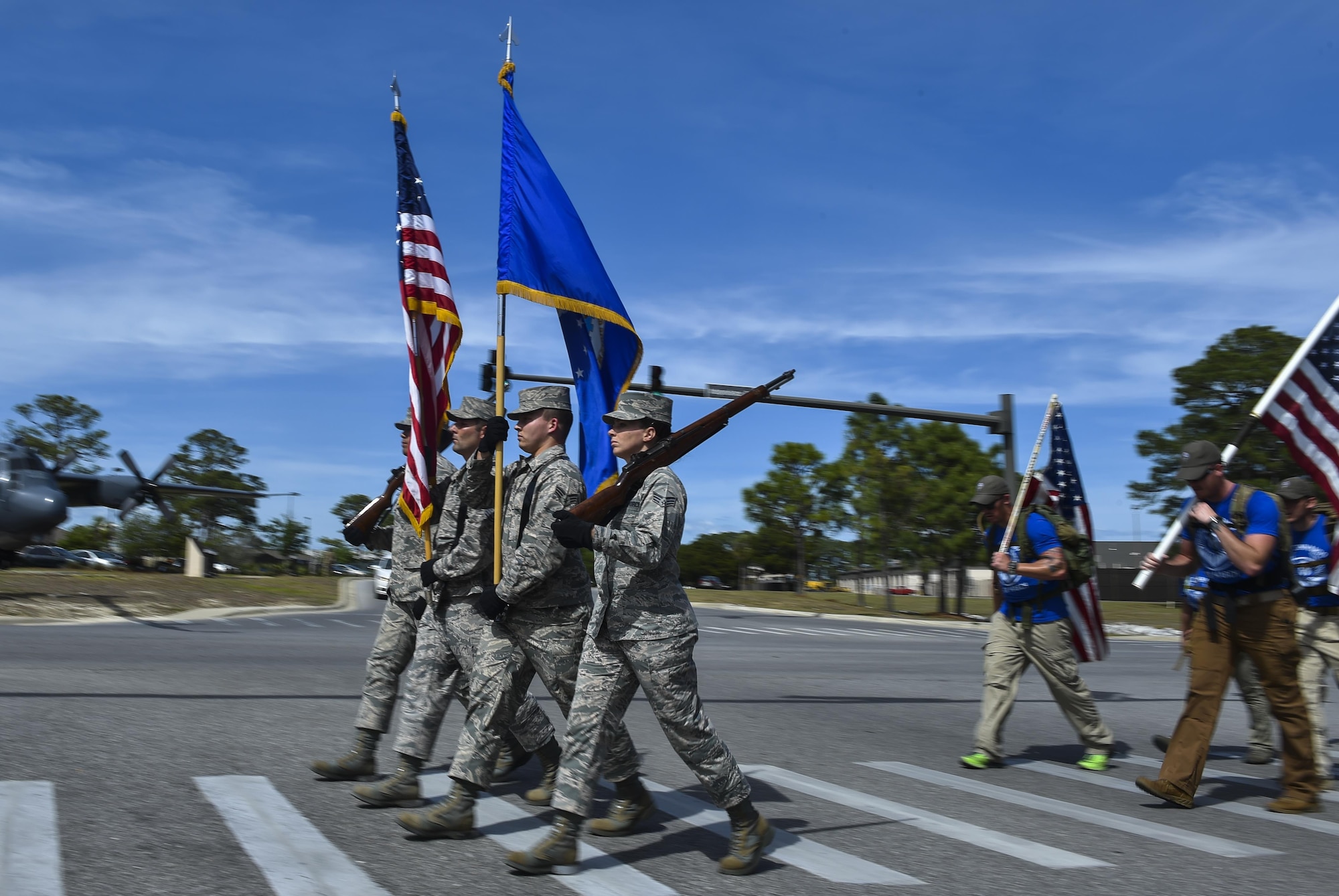 Air Commandos arrive at Hurlburt Field, Fla., after completing the 6th Annual Air Commando Ruck March April 14, 2017. The Airmen completed the final leg of a 450 miles from MacDill Air Force Base honoring fallen Air Force Special Operations Command members. This year’s ruck march is dedicated to the Air Commandos assigned to the 27th Special Operations Wing at Cannon Air Force Base, New Mexico, who perished March 14 in a U-28 crash. (U.S. Air Force photo by Airman 1st Class Joseph Pick)