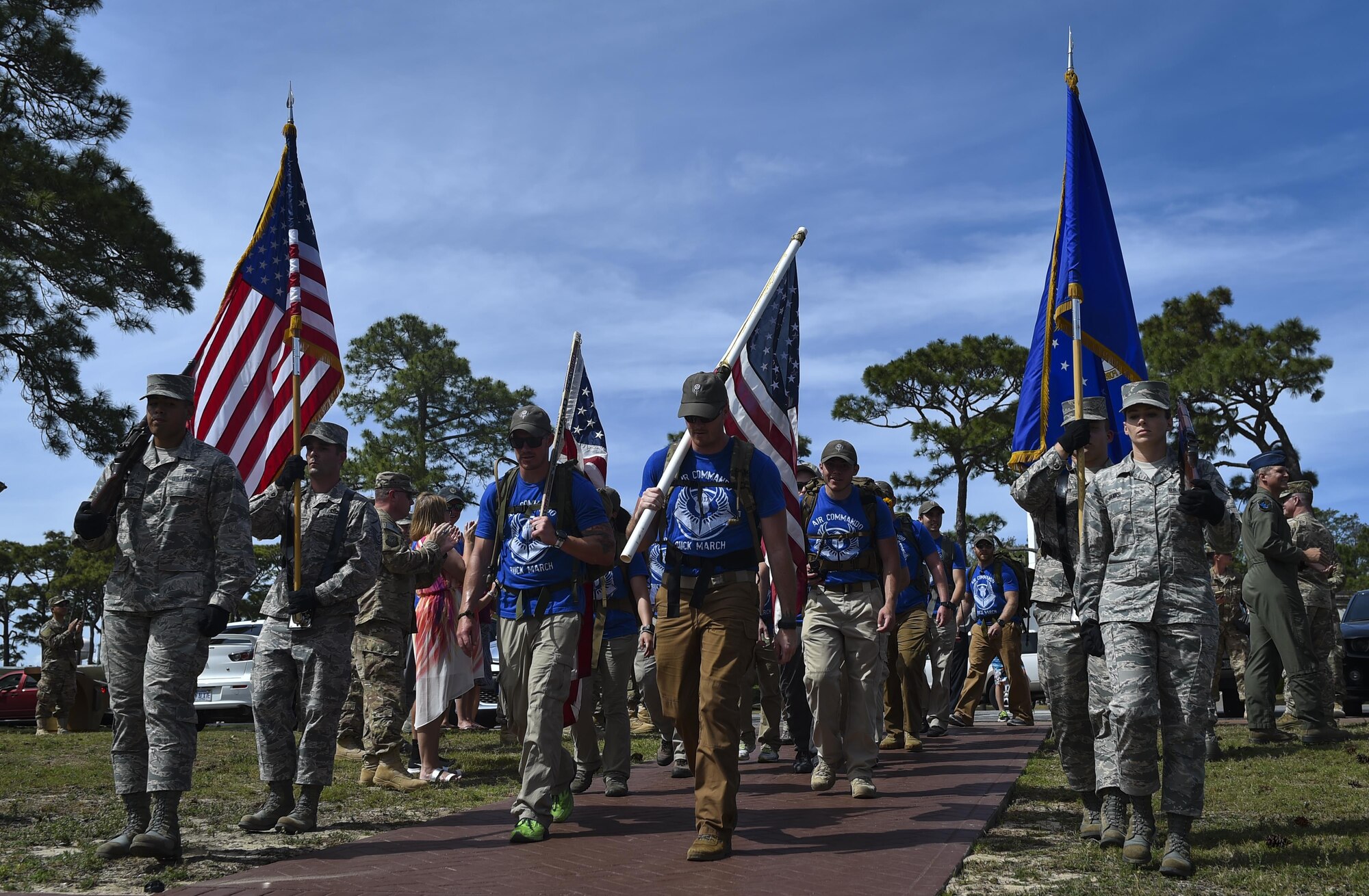 Air Commandos arrive at Hurlburt Field, Fla., after completing the 6th Annual Air Commando Ruck March April 14, 2017. The Airmen completed the final leg of a 450 miles from MacDill Air Force Base honoring fallen Air Force Special Operations Command members. This year’s ruck march is dedicated to the Air Commandos assigned to the 27th Special Operations Wing at Cannon Air Force Base, New Mexico, who perished March 14 in a U-28 crash. (U.S. Air Force photo by Airman 1st Class Joseph Pick)