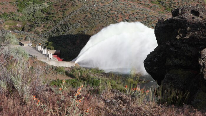 View of the "Rooster Tail", Lucky Peak Dam, May 25, 2008, Boise, Idaho. A popular springtime attraction is the "Rooster Tail" which results from the discharge of water through the original release structures of the dam under pressure from the lake above.  Using a "flip bucket" to direct the spray high into the air, the erosive, scouring force of the water is greatly dissipated as it rises, rests and slowly falls back to the stream channel.
The Rooster Tail only uses water from large releases required for flood risk management that exceed powerhouse capacity, thus no water is wasted for the display.   
It occurred daily until 1986 when construction of the Lucky Peak Power Plant Project started.  
