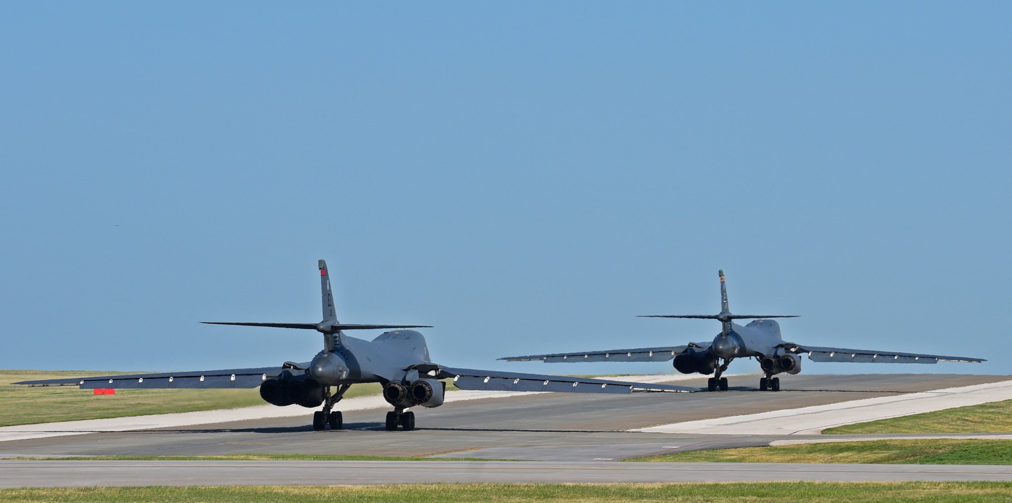 Two Ellsworth B-1s leave for Wright-Patterson Air Force Base, Ohio from Ellsworth Air Force Base, S.D., April 14, 2017.  The B-1s and their crews are on their way to participate in the 75th Anniversary of the Doolittle Tokyo Raid commemoration events. (U.S. Air Force photo by Senior Airman James L. Miller) 