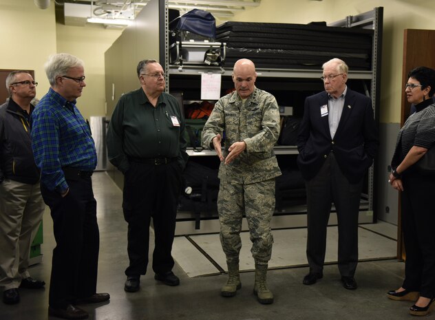 Gen. Carlton D. Everhart II, Air Mobility Command commander, briefs 30 AMC civic leaders about the process for improvements with in the command during a tour here April 10 to 12. During their trip they had breakfast with Airmen, a briefing about how AMC's four core capabilities are executed, a behind the scenes look at the 618th Air Operations Center, and aeromedical evacuation training demo by the 375th Aeromedical Evacuation Squadron at Scott Air Force Base, Illinois. (U.S. Air Force photo/ Staff Sgt. Stephenie Wade)