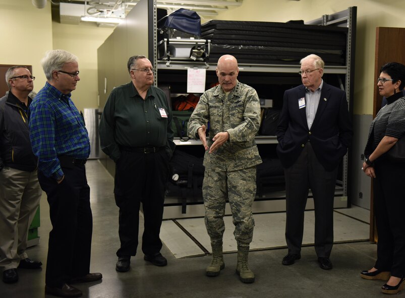 Gen. Carlton D. Everhart II, Air Mobility Command commander, briefs 30 AMC civic leaders about the process for improvements with in the command during a tour here April 10 to 12. During their trip they had breakfast with Airmen, a briefing about how AMC's four core capabilities are executed, a behind the scenes look at the 618th Air Operations Center, and aeromedical evacuation training demo by the 375th Aeromedical Evacuation Squadron at Scott Air Force Base, Illinois. (U.S. Air Force photo/ Staff Sgt. Stephenie Wade)