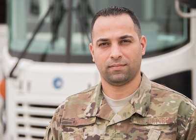 Staff Sgt. Fadi Chreim, a 386th Expeditionary Logistics Readiness Squadron vehicle operations dispatch chief, poses for a photo at an undisclosed location in Southwest Asia April 11, 2017. Chreim joined the Air Force Reserve in 2012 as appreciation for the opportunities the U.S. provided him as an immigrant. (U.S. Air Force photo/Staff Sgt. Andrew Park)