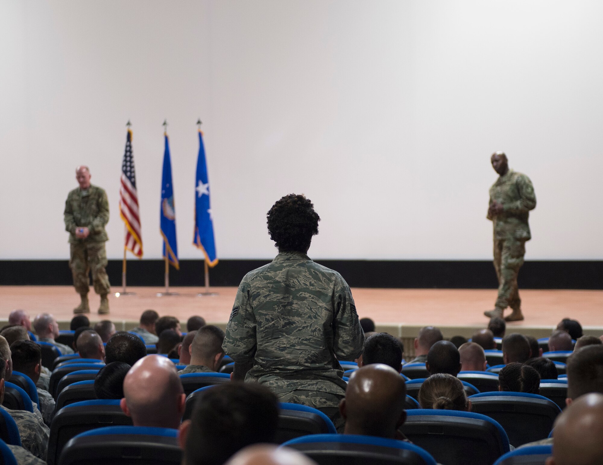 U.S. Air Force Vice Chief of Staff Gen. Stephen W. Wilson and Chief Master Sgt. of the Air Force Kaleth O. Wright take questions from the audience during an Airman’s call at Al Udeid Air Base, Qatar, April 12, 2017. Throughout the Airman’s call, Wilson and Wright spoke about the upcoming changes to Air Force policies and the importance of the Airmen’s mission at the 379th Air Expeditionary Wing. (U.S. Air Force photo by Tech. Sgt. Amy M. Lovgren)