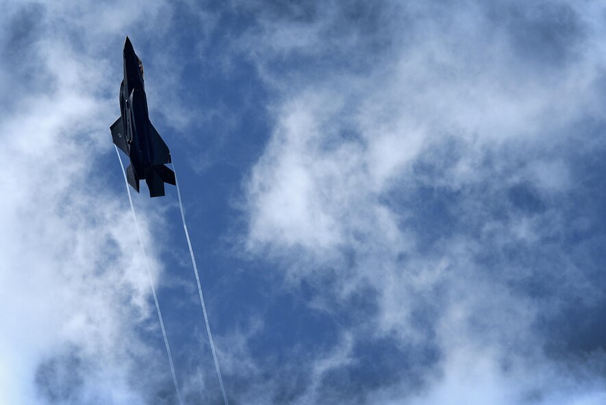 An F-35 Lightning II from the 34th Fighter Squadron at Hill Air Force Base, Utah, flys at Royal Air Force Lakenheath, England, April 15, 2017. The aircraft arrival marks the first F-35A fighter training deployment to the U.S. European Command area of responsibility or any overseas location as a flying training deployment. (U.S. Air Force photo/Airman 1st Class Elijah Chevalier)