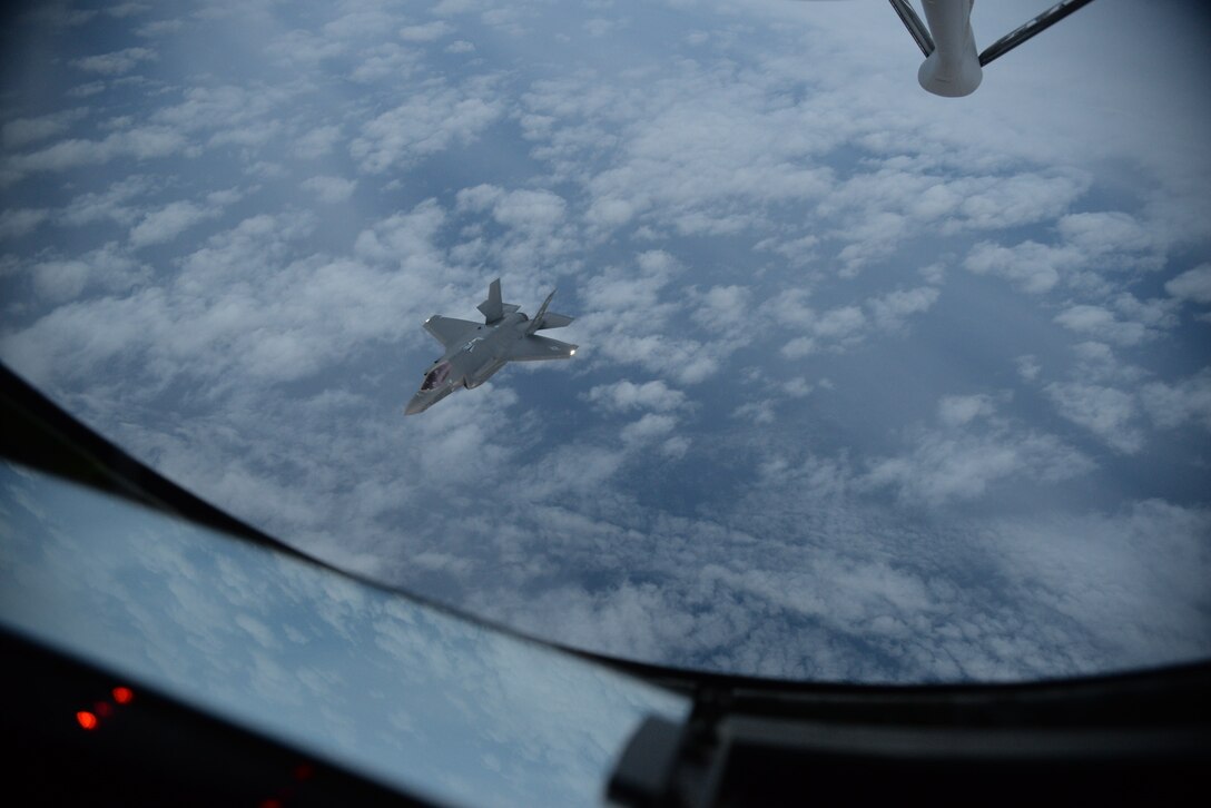 An F-35A Lightning II prepares to receive fuel from a 100th Air Refueling Wing KC-135 Stratotanker over the Atlantic Ocean April 15, 2017. The F-35As are conducting their first overseas deployment during which they will conduct flying training with NATO partners. (U.S. Air Force photo by Airman 1st Class Tenley Long) 

