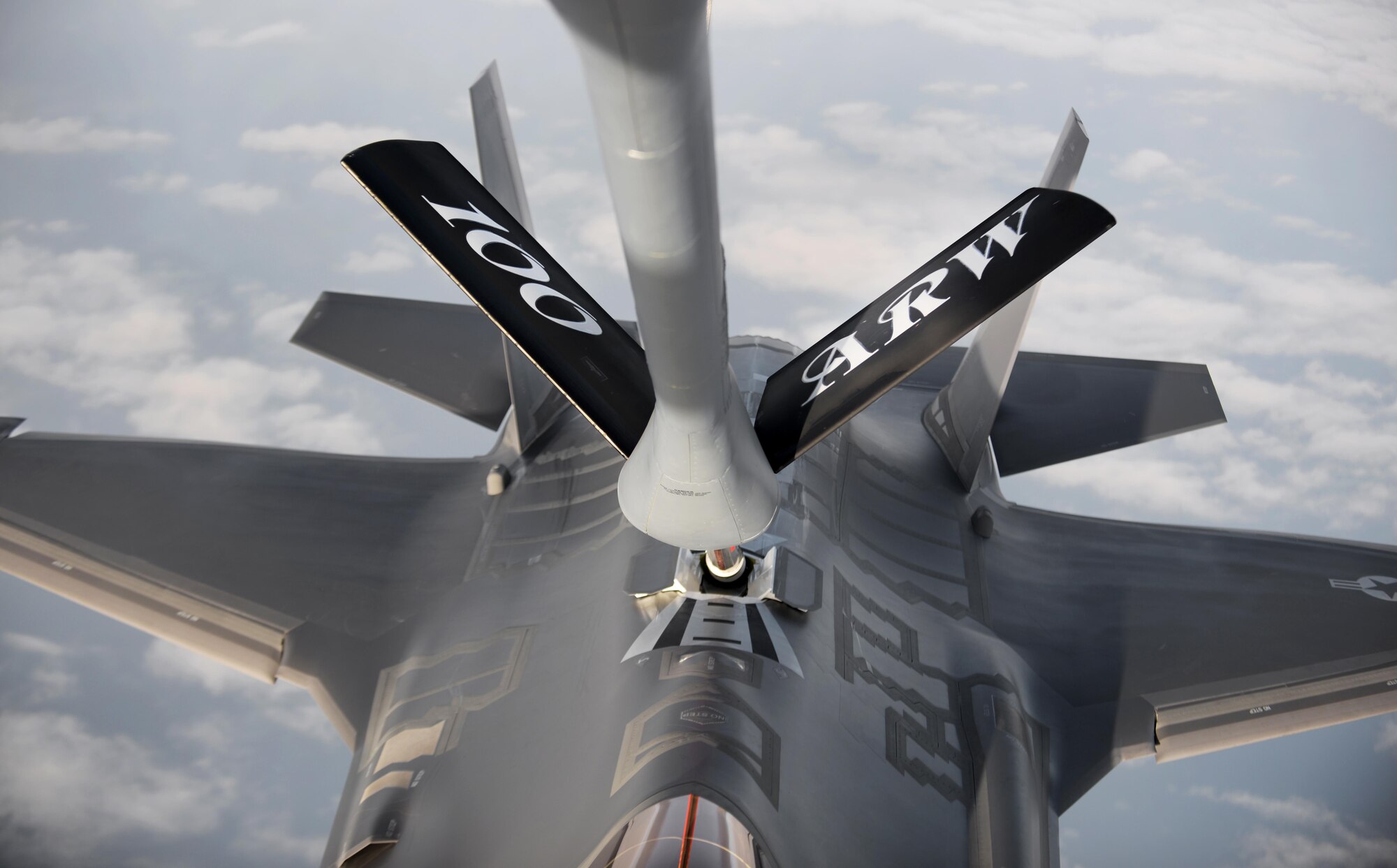 An F-35A Lightning II receives fuel from a 100th Air Refueling Wing KC-135 Stratotanker over the Atlantic Ocean April 15, 2017. The F-35As are conducting their first overseas deployment during which they will conduct flying training with NATO partners. (U.S. Air Force photo by Airman 1st Class Tenley Long)