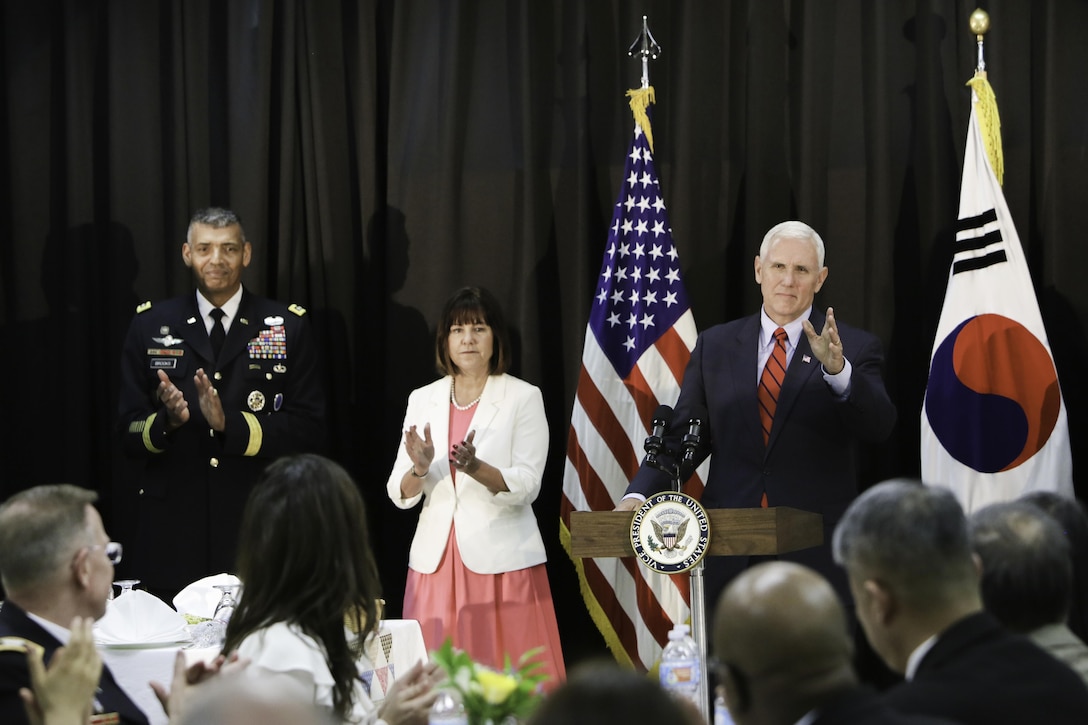 Vice President Mike Pence speaks to service members and their families during an Easter fellowship meal at U.S. Army Garrison Yongsan in Seoul, South Korea, April 16, 2017. Pence is on his first trip to Asia as vice president. Army photo by Sgt. 1st Class Sean K. Harp