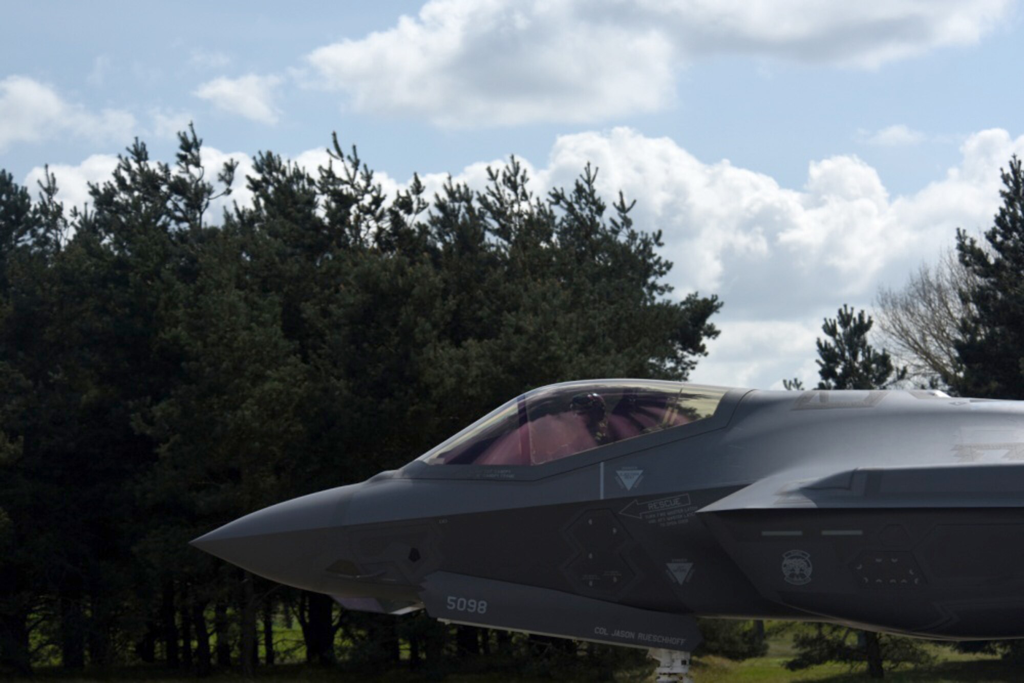 An F-35 Lightning II from the 34th Fighter Squadron at Hill Air Force Base, Utah, taxis after landing at Royal Air Force Lakenheath, England, April 15, 2017. The fifth generation, multi-role fighter aircraft is deployed here to maximize training opportunities, affirm enduring commitments to NATO allies, and deter any actions that destabilize regional security. (U.S. Air Force photo/Airman 1st Class Eli Chevalier)
