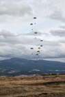 Containerized Delivery System bundles drop on a drop zone at Combined Armed Training Center Camp Fuji, Japan, April 12, 2017, during a training mission. Airmen with the 374th Logistics Readiness Squadron and Eagle airlifts with the 36th Airlift Squadron conducted mass CDS airdrop training. (U.S. Air Force photo by Yasuo Osakabe)