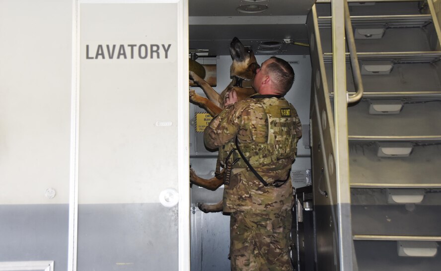 U.S. Air Force Staff Sgt. Timothy Glover, a military working dog handler with the 379th Expeditionary Security Forces Squadron, lifts his military working  dog Pprada to smell a hard to reach area in an aircraft during detection training at Al Udeid Air Base, Qatar, April 15, 2017. Training in this type of environment is beneficial to improving the working dogs performance in detection missions. (U.S. Air Force photo by Senior Airman Cynthia A. Innocenti)