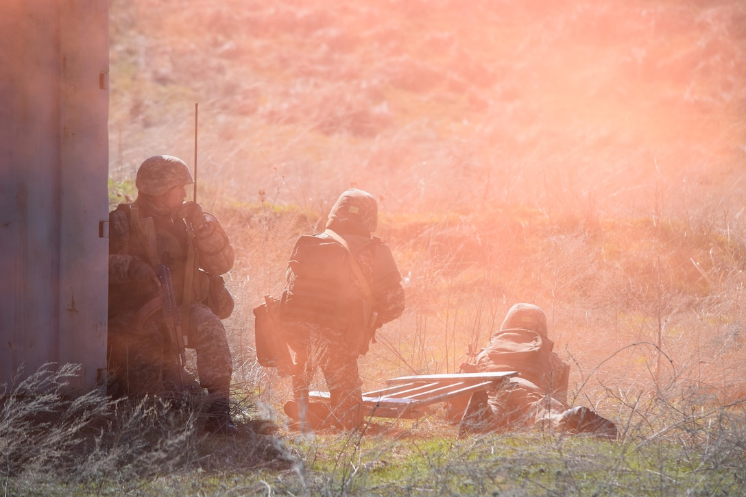 A cloud of orange smoke clears as Kazakhstani soldiers prepare to clear buildings during a scenario for Steppe Eagle Koktem Apr. 10, 2017, at Illisky Training Center, Kazakhstan.