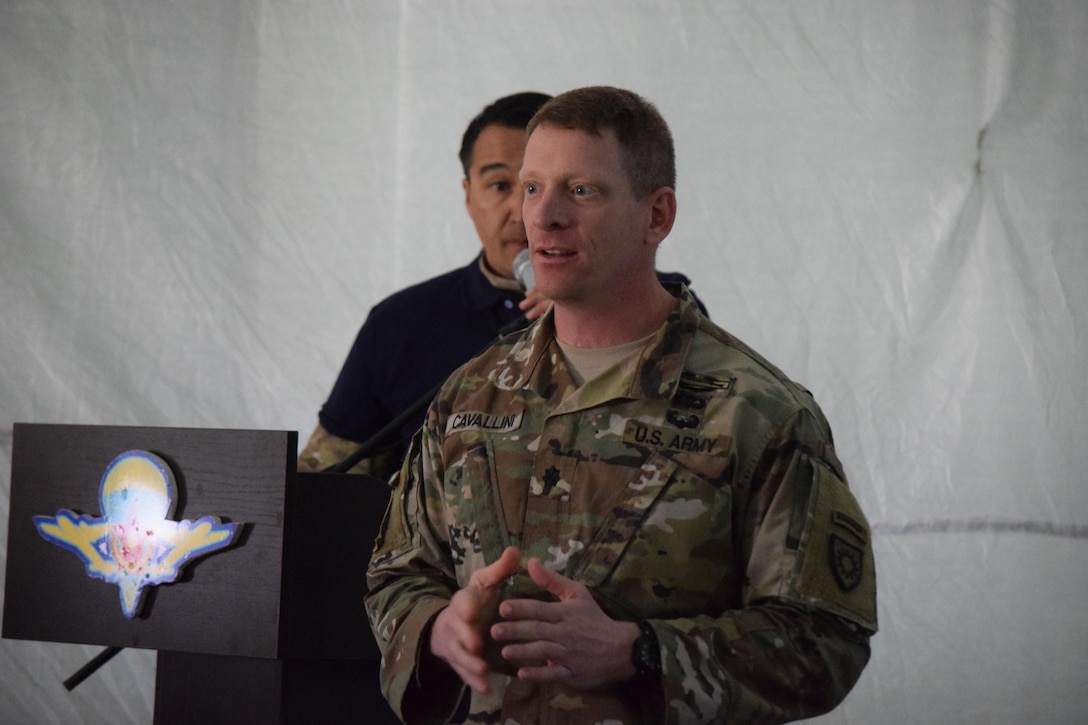 Lt. Col. Kent Cavallini, deputy commander of the 149th Military Engagement Team, introduces the after action review presentation to the Kazakhstani soldiers on the last day of Steppe Eagle Koktem Apr. 11, 2017, at Illisky Training Center, Kazakhstan.