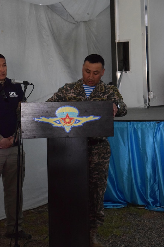 Lt. Col. Bulat Dusembayev, commander of the Kazakhstan Peacekeeping Brigade, makes the closing remarks during an after action review for the U.S., U.K., and Kazakhstani soldiers on the last day of Steppe Eagle Koktem Apr. 11, 2017, at Illisky Training Center, Kazakhstan.