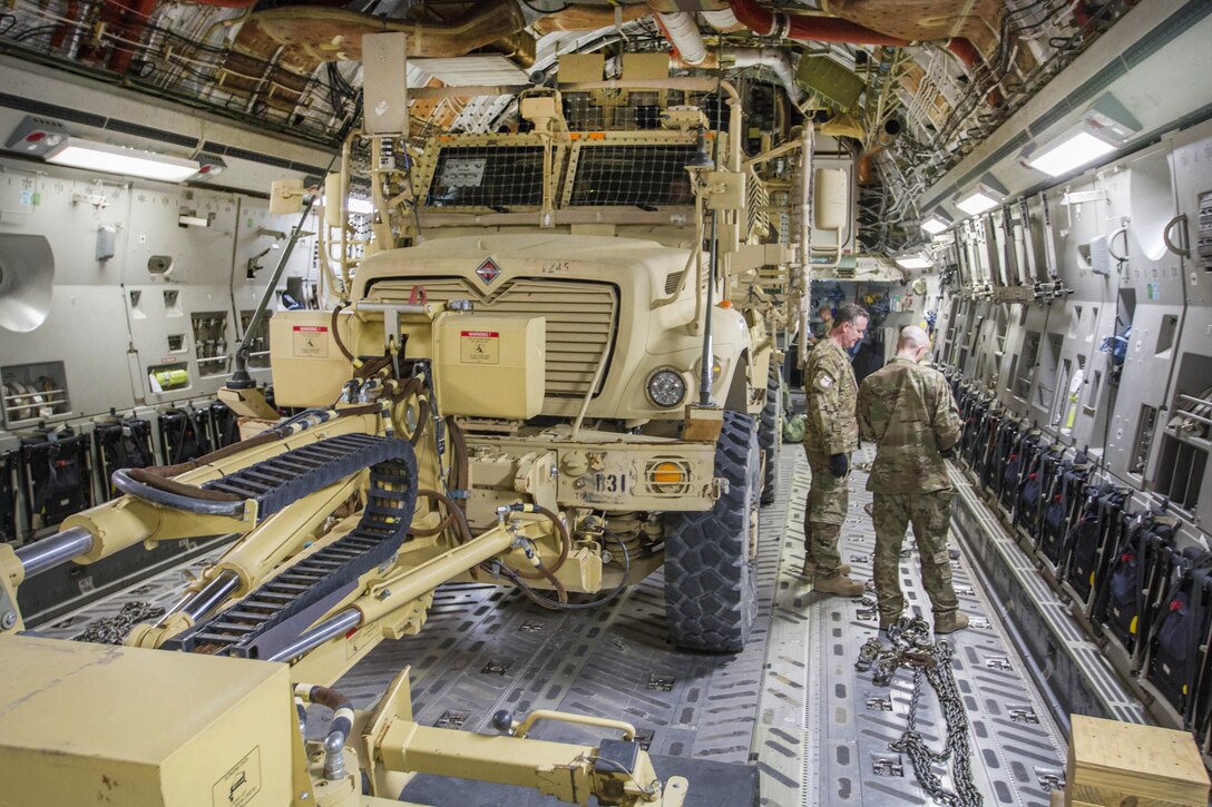 Soldiers check an equipment list after loading a mine-resistant, ambush-protected vehicle onto a C-17 Globemaster III at Bagram Airfield, Afghanistan, April 9, 2017. Army photo by Sgt. 1st Class Eliodoro Molina