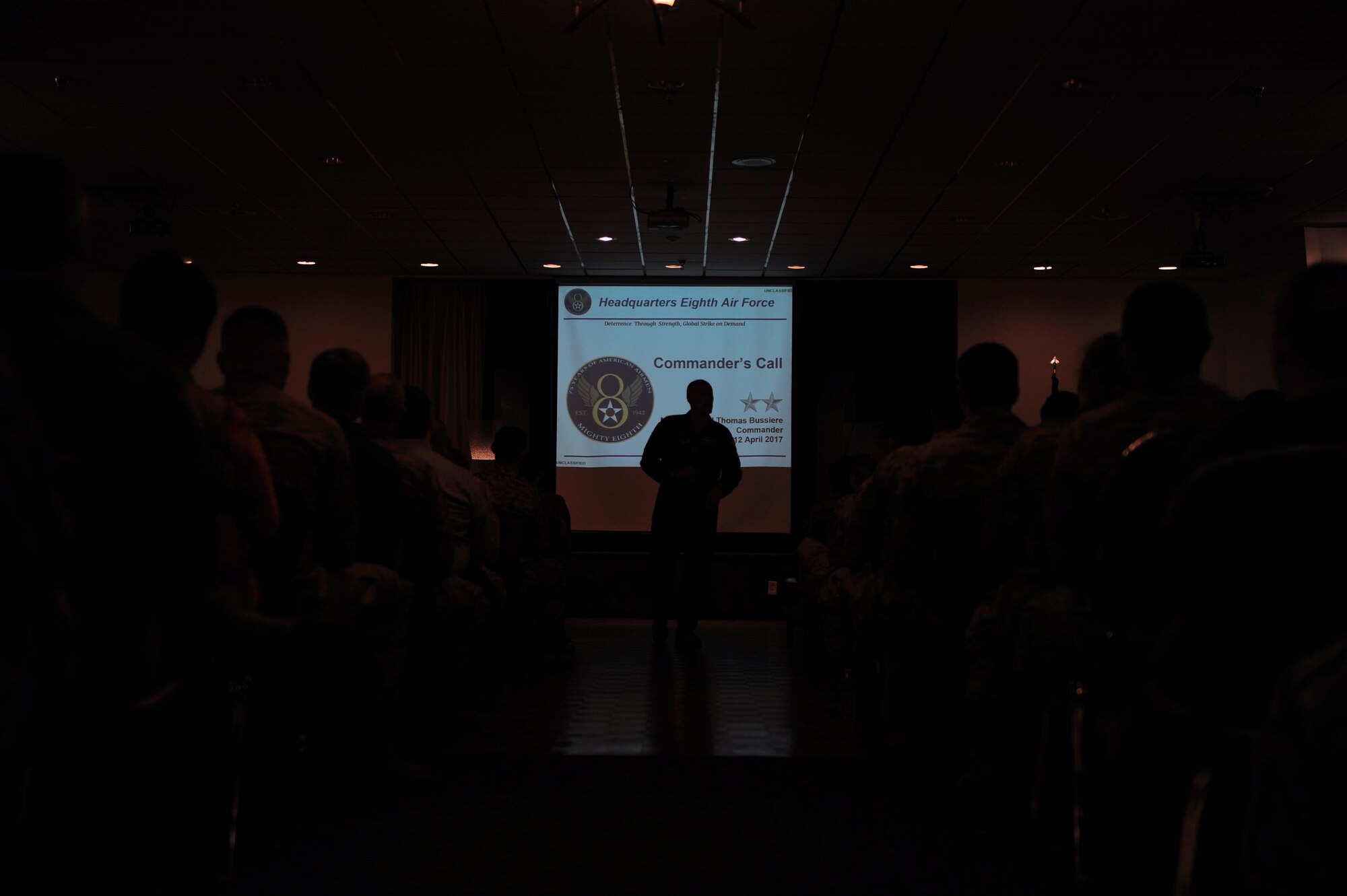 U.S. Air Force Maj. Gen. Thomas Bussiere, Eighth Air Force commander, speaks with Headquarters Eighth Air Force Airmen during a commander’s call at Barksdale Air Force Base, La., April 12, 2017. Various topics pertinent to the organization were discussed throughout the event, followed by a question and answer engagement session with the Airmen. (U.S. Air Force photo by Senior Airman Erin Trower)