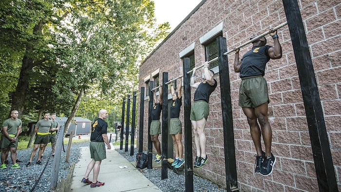Force Fitness Instructor (FFI) Trainers demonstrate proper pull-up technique for the class of FFI students before executing practical application as part of their course requirement at Marine Corps Base Quantico.  FFIs will be a cornerstone of the new Force Fitness division recently created to oversee all aspects of physical fitness for Marines.