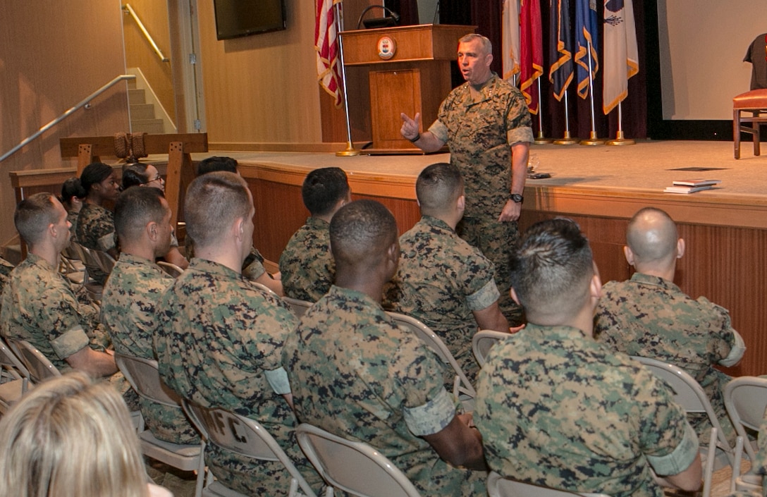 Lt. Gen. John E. Wissler, Commander, U.S. Marine Corps Forces Command, speaks to Marines, sailors and civilians of Hampton Roads about sexual assault and stresses the importance of trust on the battlefield and in garrison, April 12, aboard Naval Support Activity Hampton Roads. He encouraged each individual to stand up against sexual assault and support one another.  (U.S. Marine Corps photo by Sgt. Kayla D. Rivera/Released)
