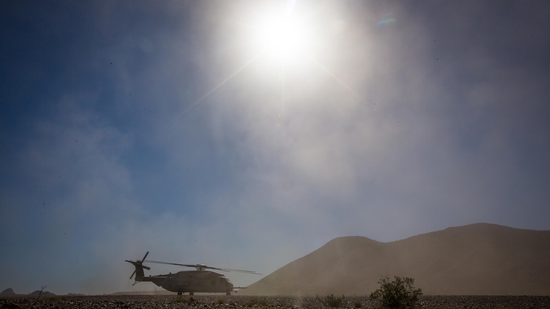 A CH-53E Super Stallion assigned to Marine Heavy Helicopter Squadron 466 prepares for take off during a tactical support insert and extract exercise in part of Weapons and Tactics Instructors course 2-17 at Naval Air Facility El Centro, Calif., April 15, 2017. WTI is held biannually at Marine Corps Air Station Yuma, Ariz. to provide students with detailed training to be practiced on the various ranges in Arizona and California.