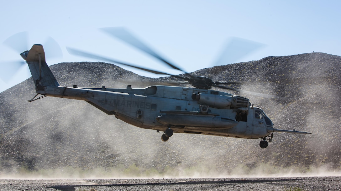A CH-53E Super Stallion assigned to Marine Heavy Helicopter Squadron 466 takes off during a tactical support insert and extract exercise in part of Weapons and Tactics Instructors course 2-17 at Naval Air Facility El Centro, Calif., April 15, 2017. WTI is held biannually at Marine Corps Air Station Yuma, Ariz. to provide students with detailed training to be practiced on the various ranges in Arizona and California.
