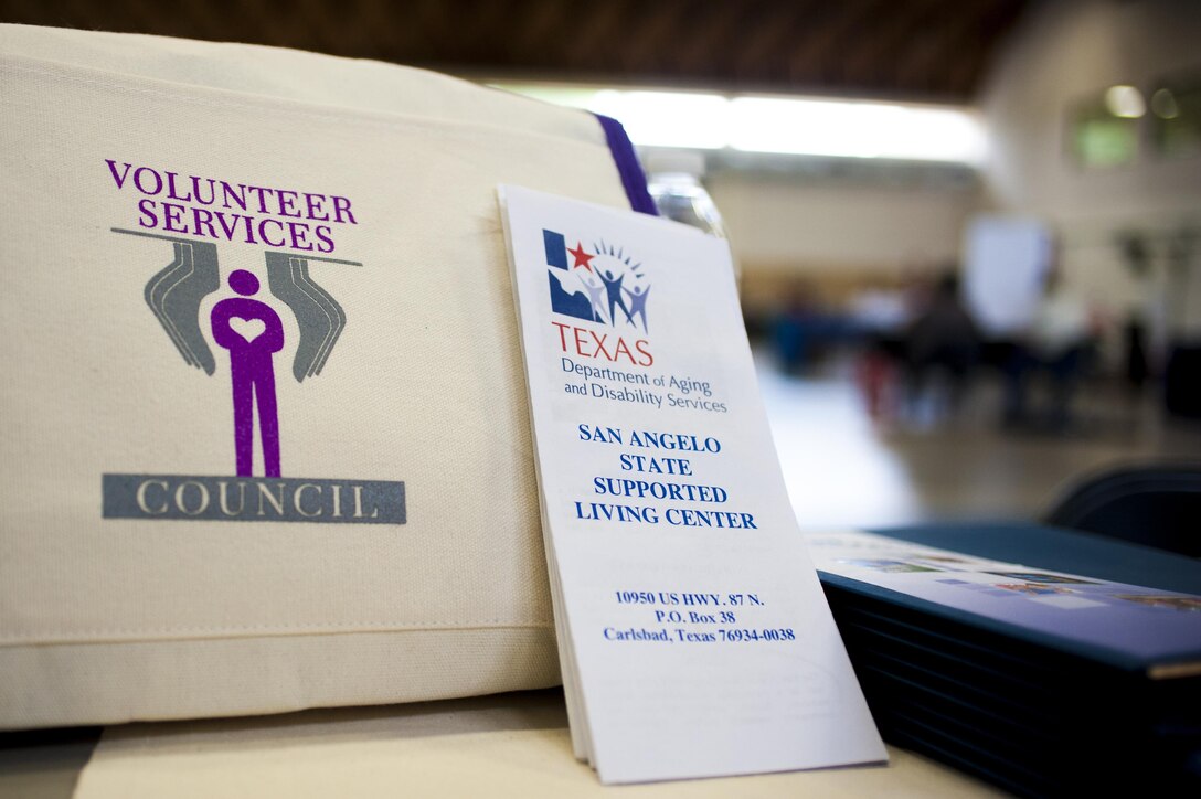 A display for the Volunteer Services Council of San Angelo at the volunteer fair at the Carswell Field House on Goodfellow Air Force Base, Texas, April 13, 2017.  Texas state supported living centers are a collection of residential facilities run by the state for people with intellectual disabilities. (U.S. Air Force photo by Senior Airman Scott Jackson/Released)