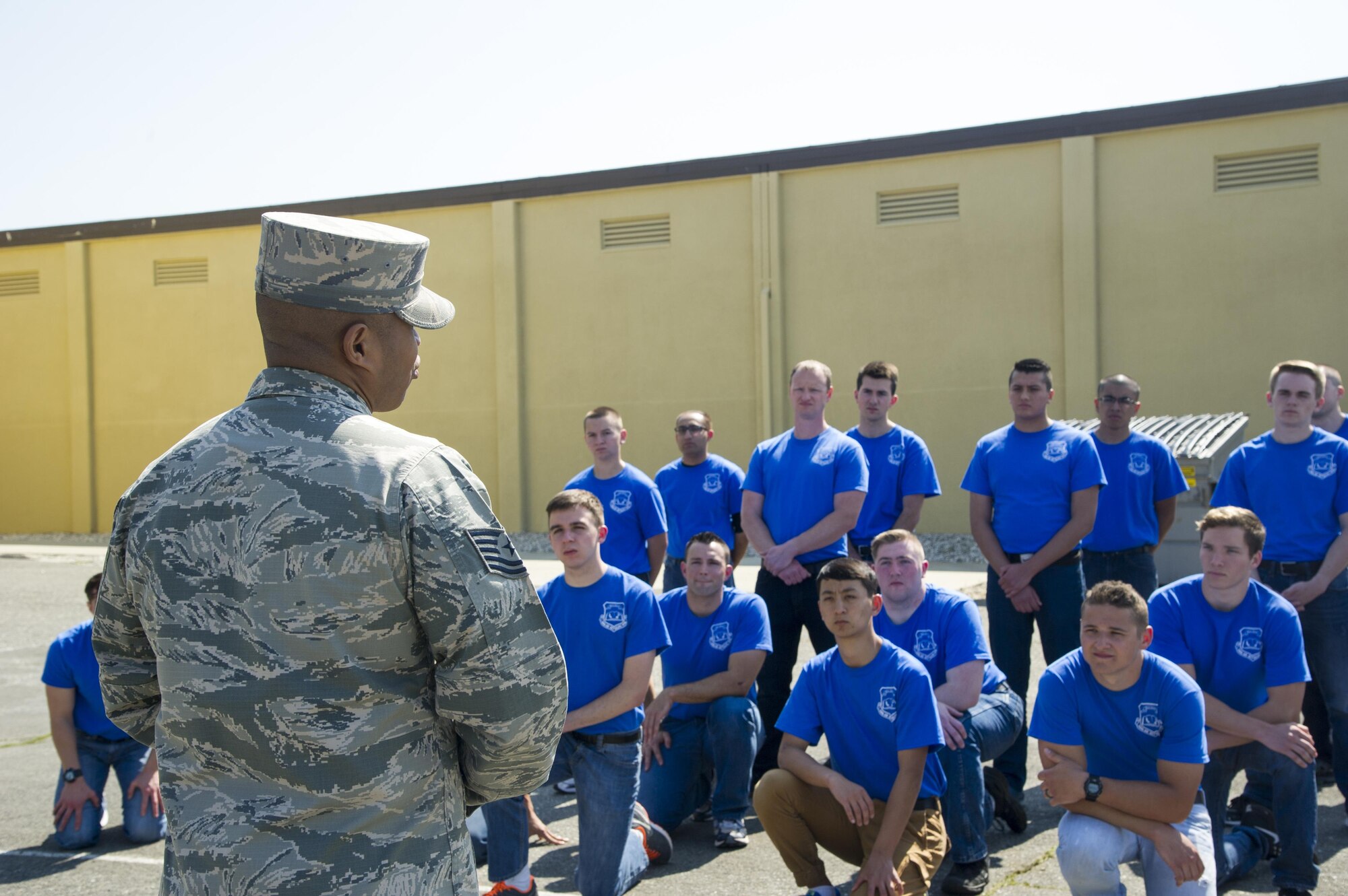 Tech. Sgt. Marc Gayden, Beale Honor Guard team lead, speaks with the 940th Air Refueling Wing’s Development and Training Flight during Airman’s time April 9, 2017, at Beale Air Force Base, California. Gayden spoke to the flight about commitment and how to be effective in the Air Force. (U.S. Air Force photo by Senior Airman Tara R. Abrahams)