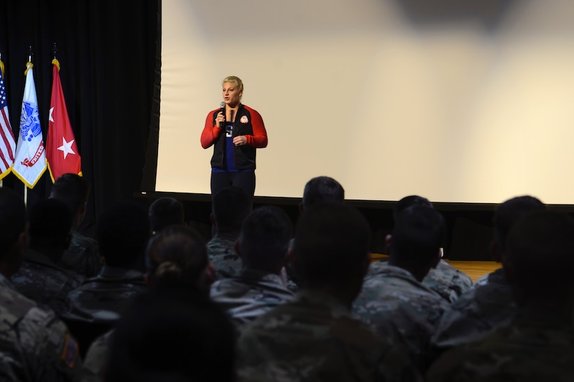 Kayla Harrison, Olympic Gold Medalist, speaks with Soldiers during a Sexual Assault Awareness and Prevention Month event at Joint Base Langley-Eustis, Va., April 14, 2017. Harrison, who is a sexual assault victim herself, shared her story of perseverance, recovery and overcoming obstacles after the traumatic event. (U.S. Air Force photo/Airman 1st Class Kaylee Dubois)