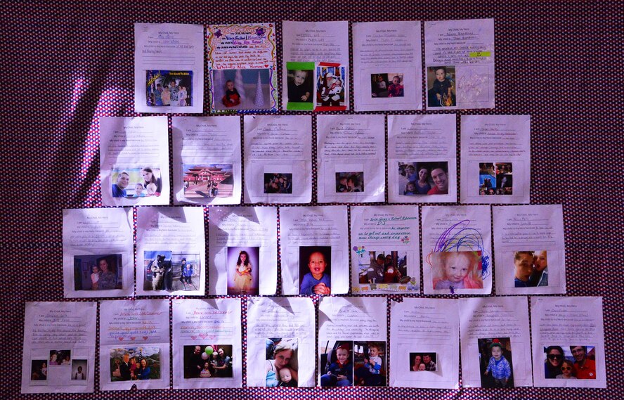 The “My Child, My Hero,” display greets Schriever Child Development Center patrons and visitors from the building’s atrium. The display is part of the CDC’s Month of the Military Child observation, and includes a photo with a brief statement explaining why the child is their parent’s hero. Some of the reasons include “kind spirit,” “taught me the meaning of unconditional love,” “he is fearless” and “she inspires me every day.” (U.S. Air Force photo/Brian Hagberg)