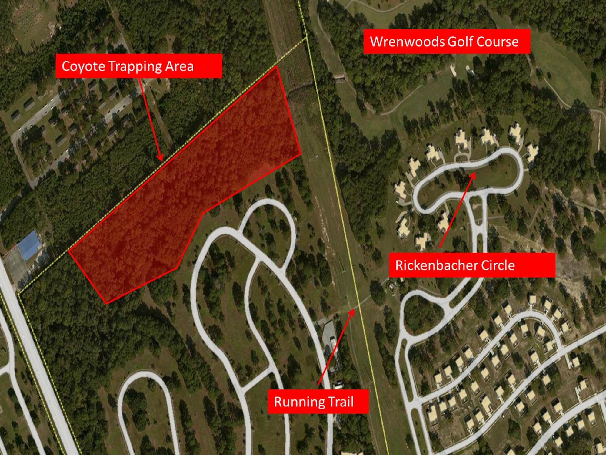 Foothold trapping coyotes in the wooded area near The Exchange on the Air Base as marked on this map is scheduled to begin shortly.

