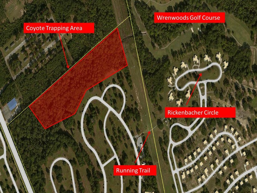 Foothold trapping coyotes in the wooded area near The Exchange on the Air Base as marked on this map is scheduled to begin shortly.

