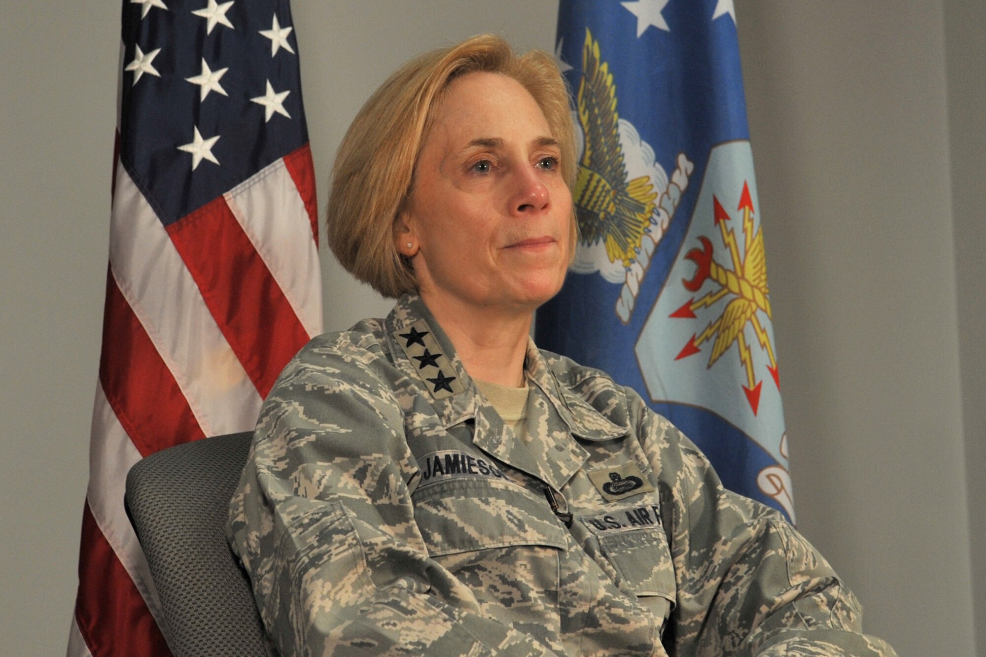 U.S. Air Force Lt. Gen. VeraLinn Jamieson, Intelligence, Surveillance and Reconnaissance Deputy Chief of Staff, talks about ISR’s future during an interview on Goodfellow Air Force Base, Texas, April 13, 2017. Jamieson visited Goodfellow to tour ISR facilities and visit Airmen. (U.S. Air Force photo by Staff Sgt. Laura R. McFarlane/Released)