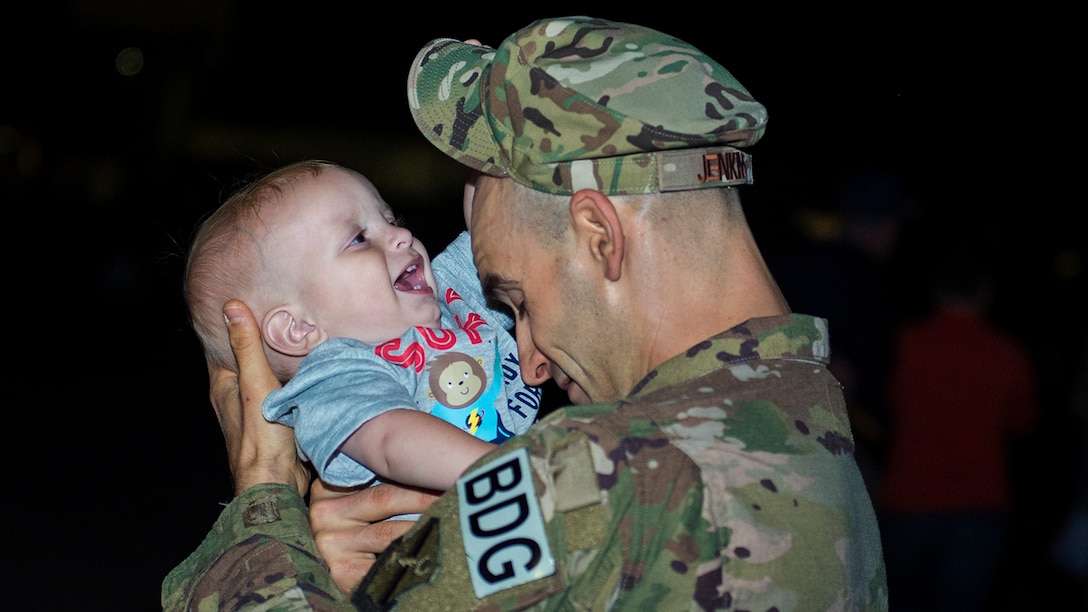 Air Force Staff Sgt. Jonathan Jenkins plays with his son before deploying from Moody Air force Base, Ga., April 11, 2017. Jenkins is a squad leader assigned to the 824th Base Defense Squadron. More than 100 airmen from the unit deployed to Southwest Asia to provide fully-integrated, highly capable and responsive forces. Air Force photo by Airman 1st Class Greg Nash