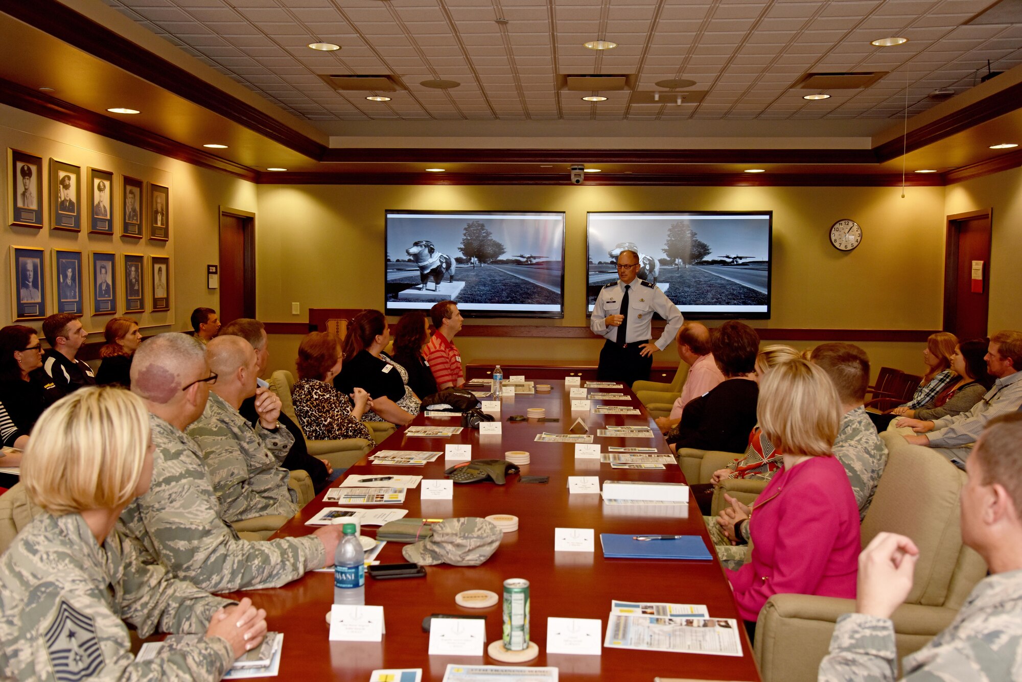 U.S. Air Force Col. Michael Downs, 17th Training Wing Commander, welcomes Leadership San Angelo in the Norma Brown Building wing conference room on Goodfellow Air Force Base, Texas, April 13, 2017. After Downs welcomed the guests, they received a wing mission brief. (U.S. Air Force photo by Staff Sgt. Joshua Edwards/Released)