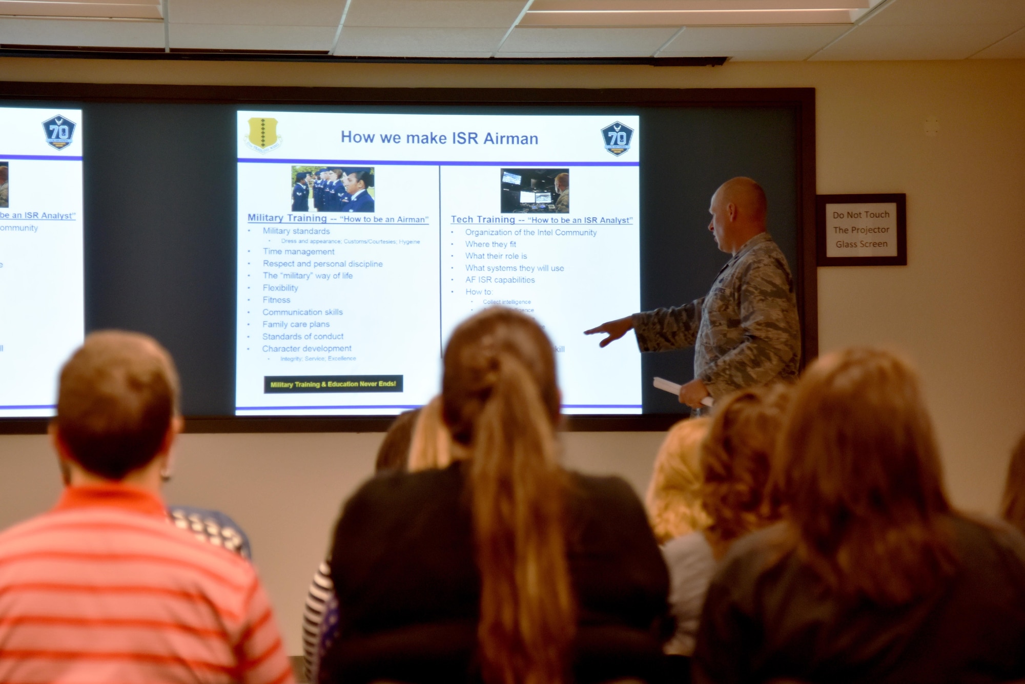 U.S. Air Force Lt. Col. Steven Watts II, 17th Training Group Deputy Commander, briefs Leadership San Angelo in the Di Tommaso Hall on Goodfellow Air Force Base, Texas, April 13, 2017. The brief explained how the 17th Training Wing trains its intelligence, surveillance and reconnaissance Airmen. (U.S. Air Force photo by Staff Sgt. Joshua Edwards/Released)