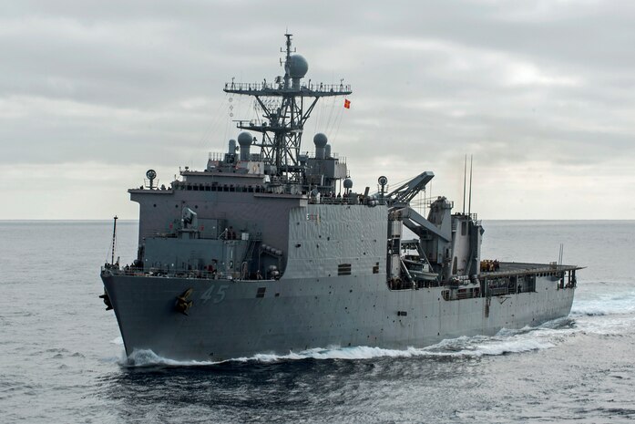 USS Comstock (LSD 45) file photo:  Amphibious dock landing ship USS Comstock (LSD 45) operates off the coast of Southern California as part of the Makin Island Amphibious Readiness Group (ARG), Aug. 18, 2016. The Makin Island ARG is conducting Composite Training Unit Exercise in preparation for an upcoming deployment.