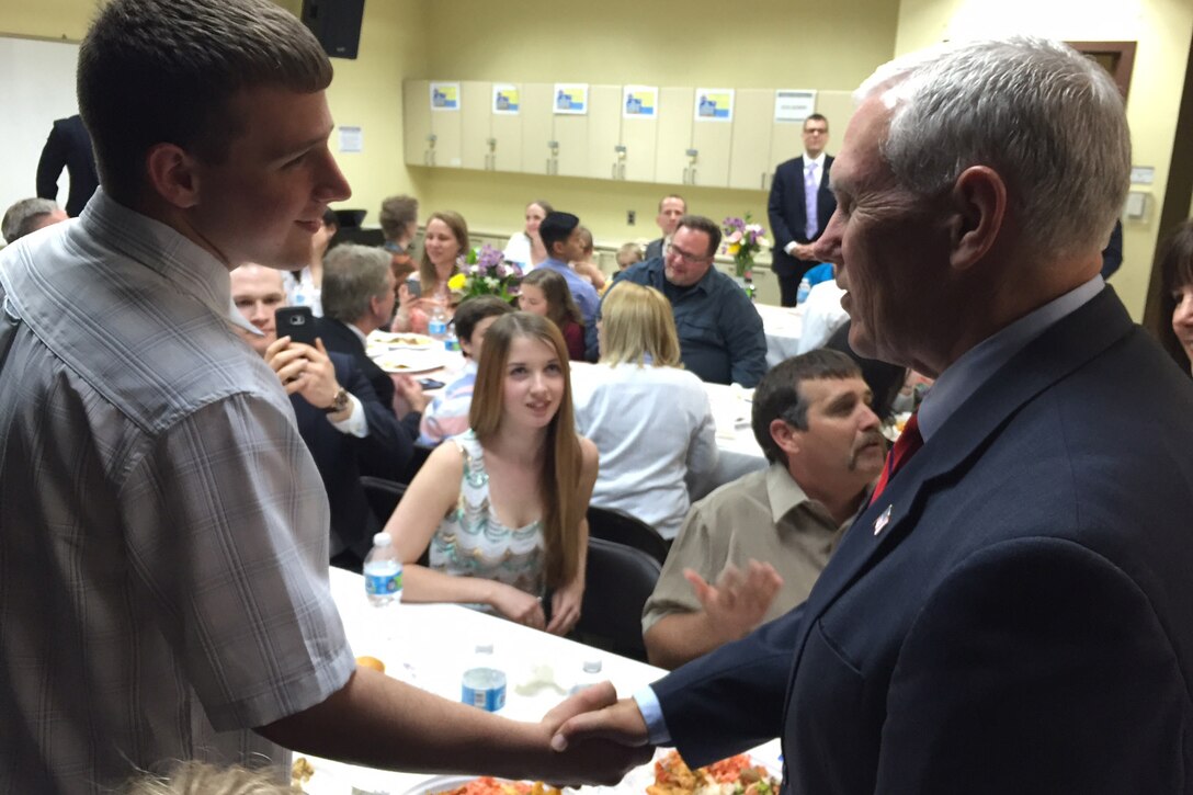 Vice President Mike Pence greets service members and their families during an Easter fellowship meal at U.S. Army Garrison Yongsan in Seoul, South Korea, April 16, 2017. Pence is on his first trip to Asia as vice president. White House photo by D. Myles Cullen    