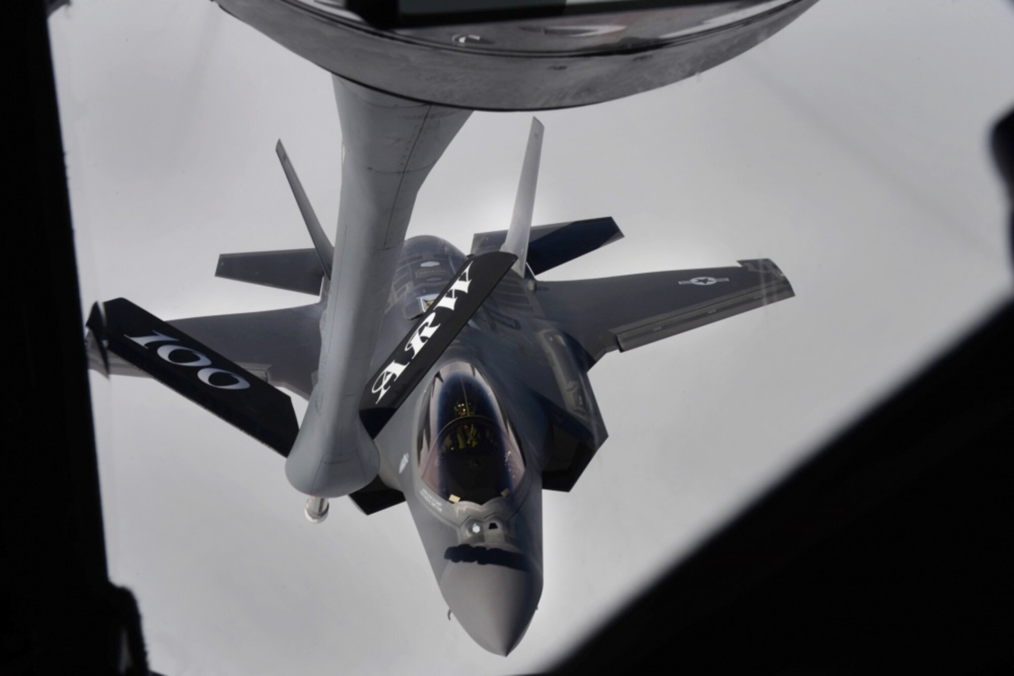 An F-35A Lightning II receives fuel from a 100th Air Refueling Wing KC-135 Stratotanker over the Atlantic Ocean April 15, 2017. The F-35As are conducting their first overseas deployment during which they will conduct flying training with NATO partners. (U.S. Air Force photo by Airman 1st Class Tenley Long)