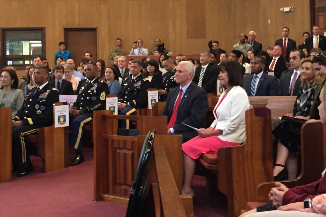 Vice President Mike Pence attends Easter service with service members and their families in Seoul, South Korea, April 16, 2017. Pence is on his first trip to Asia as vice president. White House photo by D. Myles Cullen    