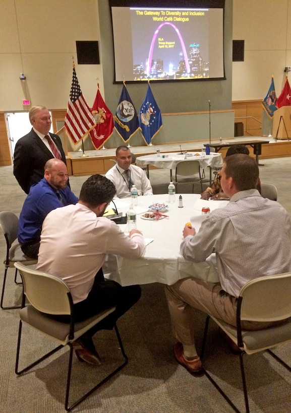 A group of employees gather during a World Café dialogue event in DLA Troop Support’s Bldg. 6 auditorium Apr. 12. The organization’s Equal Employment Opportunity and Diversity office hosted the event as an approach to strengthen diversity and inclusion. 